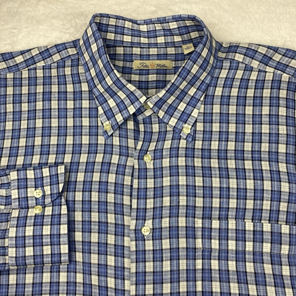 Peter Millar Shirt Mens XL Blue/White Checks 100% Linen Long Sleeves
